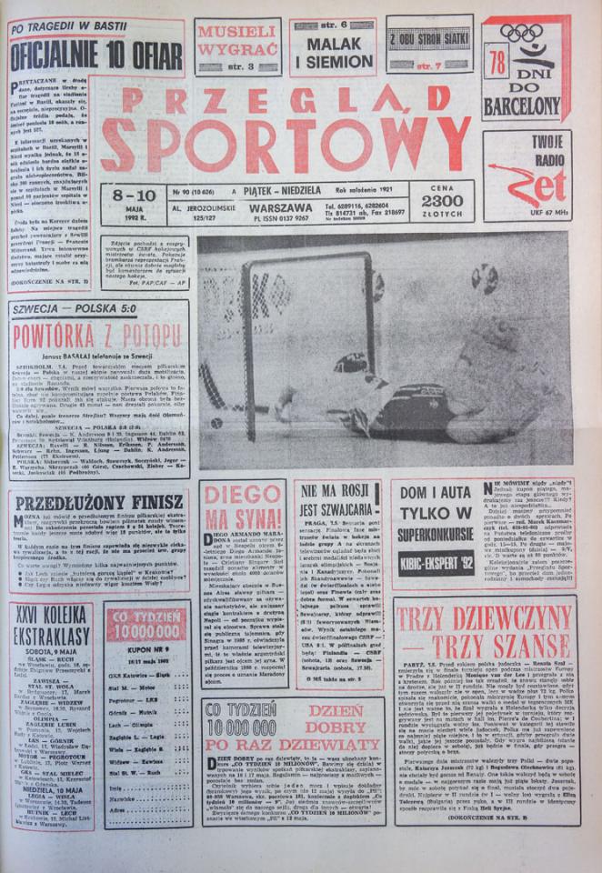 Okładka przeglądu sportowego po meczu Szwecja - Polska (07.05.1992) 