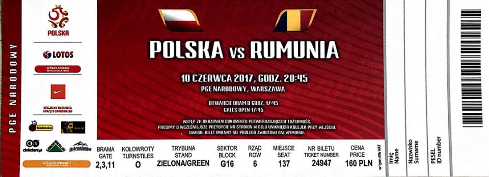 Bilet z meczu Polska - Rumunia (10.06.2017) 