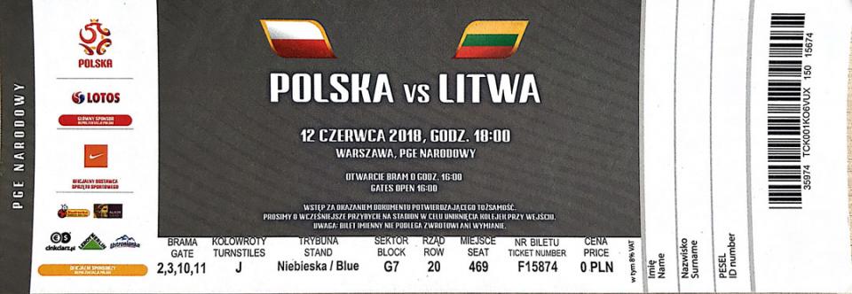 Bilet z meczu Polska - Litwa (12.06.2018) 