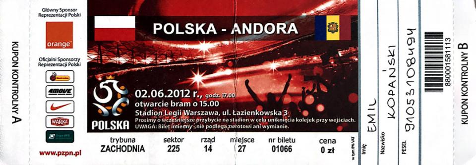 Bilet z meczu Polska - Andora (02.06.2012) 