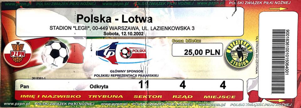 Bilet z meczu Polska - Łotwa (12.10.2002)