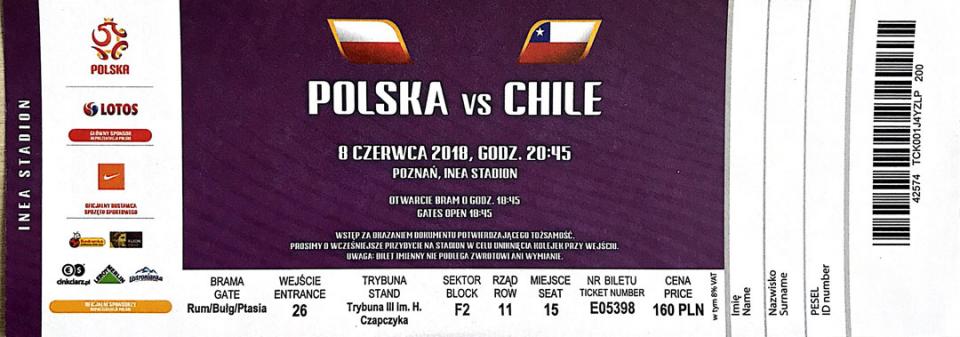 Bilet z meczu Polska - Chile (08.06.2018)
