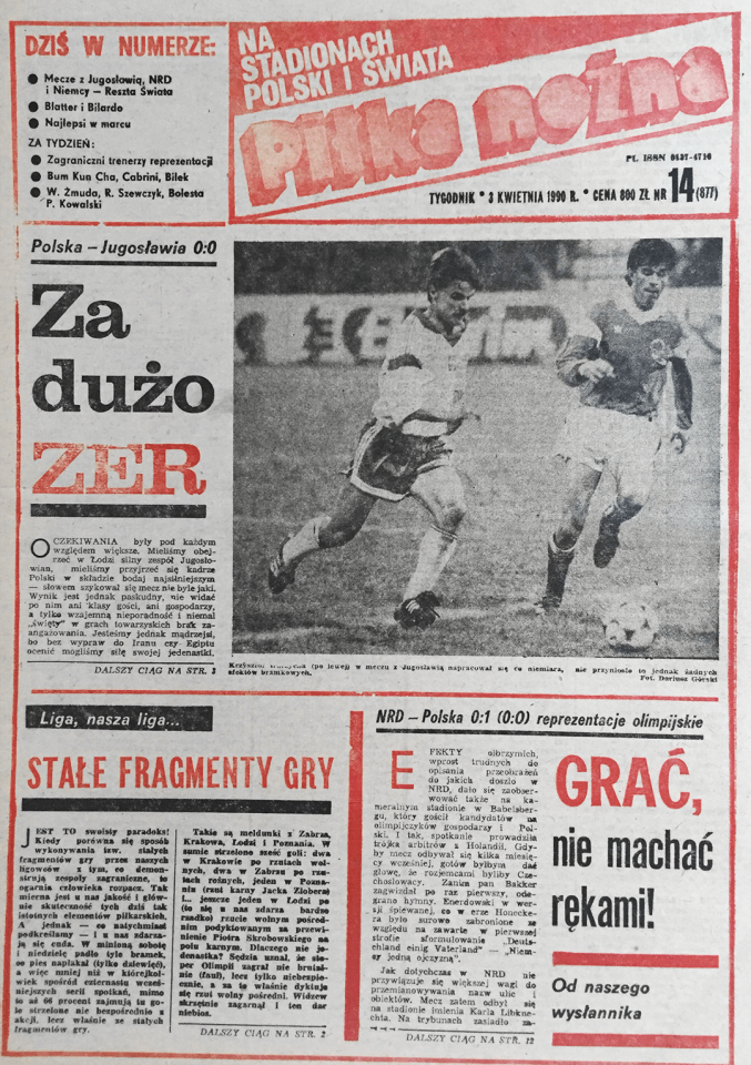 "Piłka Nożna" okładka - Polska - Jugosławia 0:0 (28.03.1990)