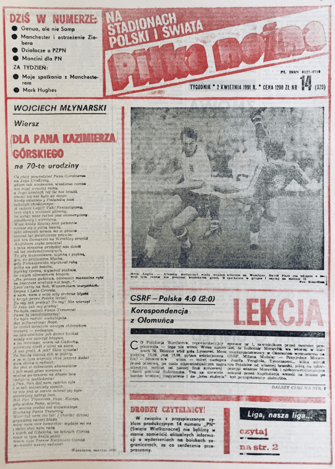 Okładka Piłki Nożnej po meczu Czechosłowacja - Polska 4:0 (27.03.1991)