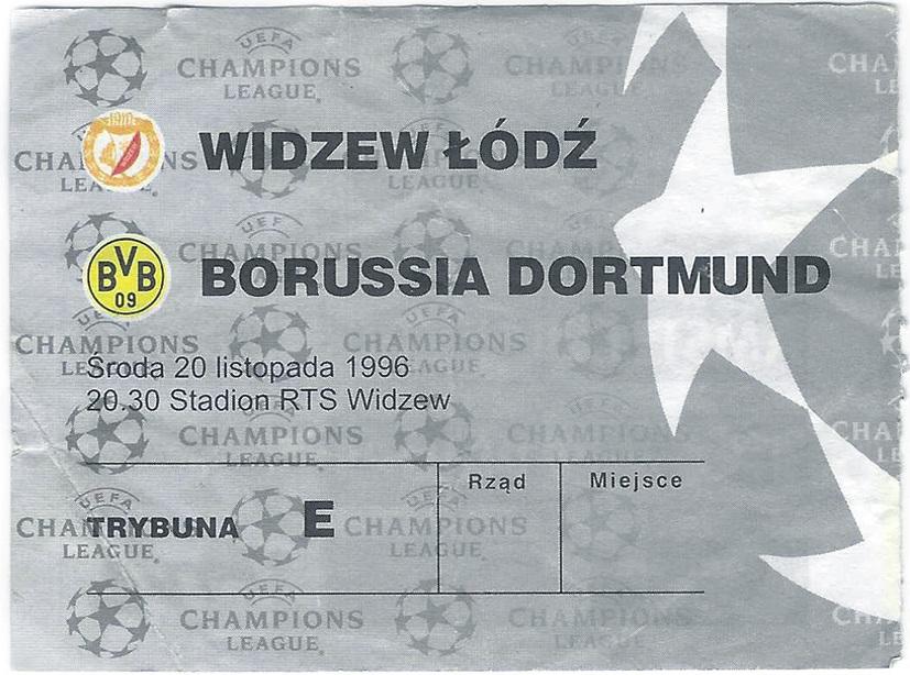 Widzew Łódź - Borussia Dortmund 2:2 (20.11.1996) Bilet