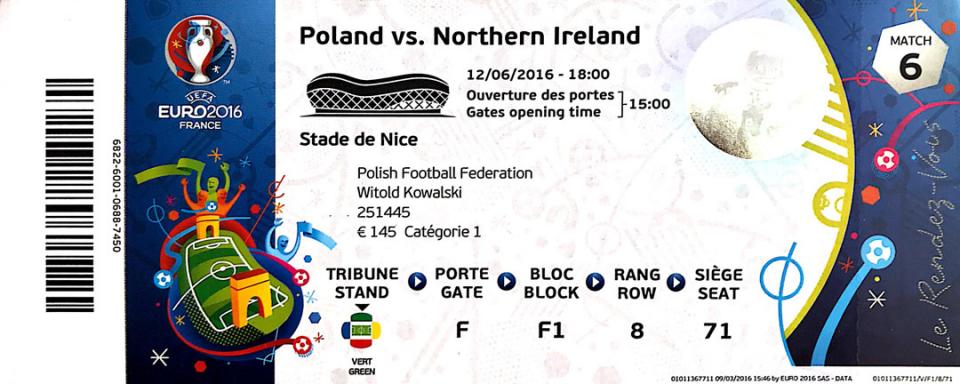 Bilet z meczu Polska - Irlandia Północna (12.06.2016)