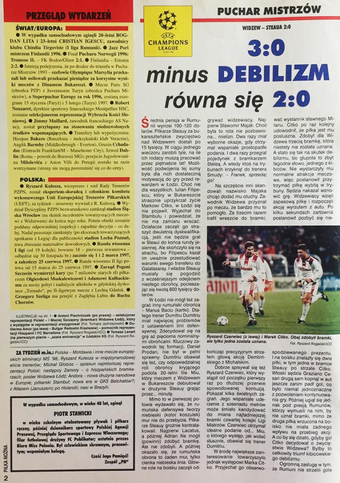Piłka nożna o meczu Widzew - Steaua (30.10.1996) 
