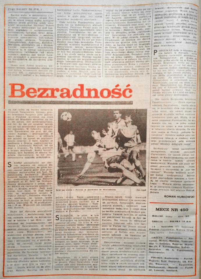 Piłka nożna po meczu Grecja - Polska (29.04.1987)