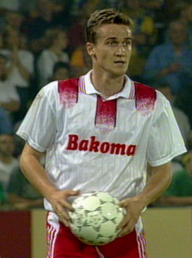 Radosław Michalski podczas meczu Broendby Kopenhaga - Widzew Łódź 3:2 (21.08.1996).