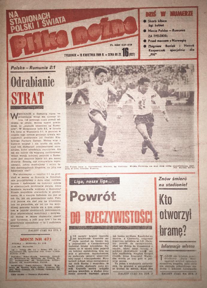 Okładka piłki nożnej po meczu polska - rumunia (12.04.1989)