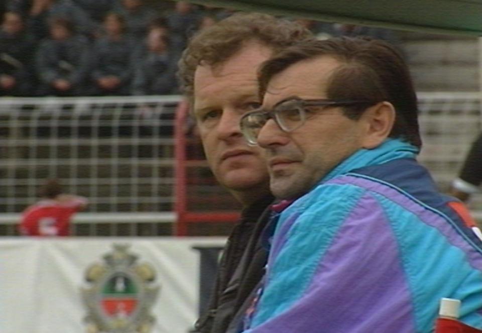 Władysław Żmuda i Andrzej Grajewski podczas meczu Widzew Łódź - Eintracht Frankfurt 2:2 (16.09.1992).