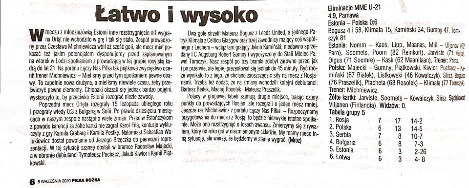 Estonia - Polska 0:6 U-21 (04.09.2020) Artykuł z "Piłki Nożnej"