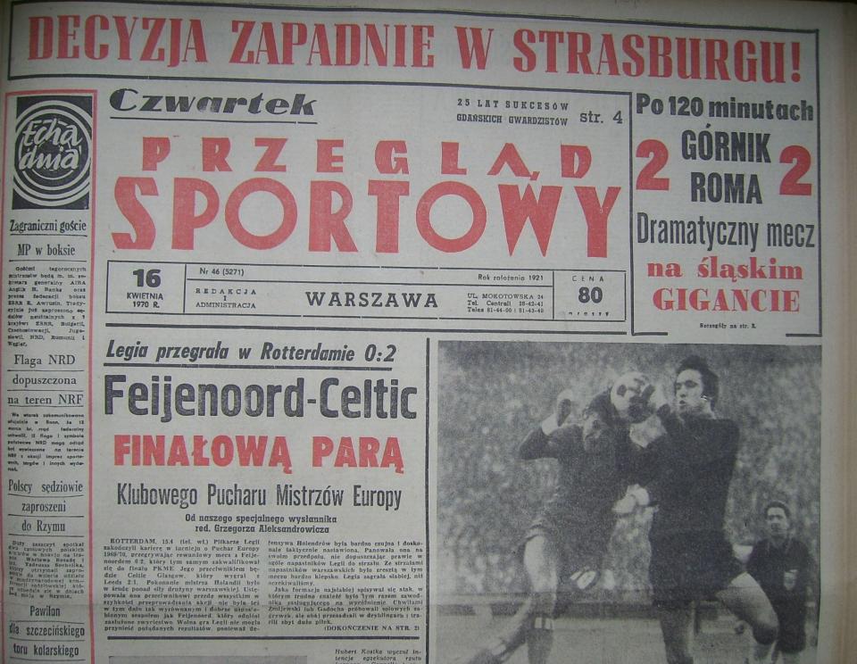 Przeglad Sportowy po meczu Górnik - Roma (15.04.1970)
