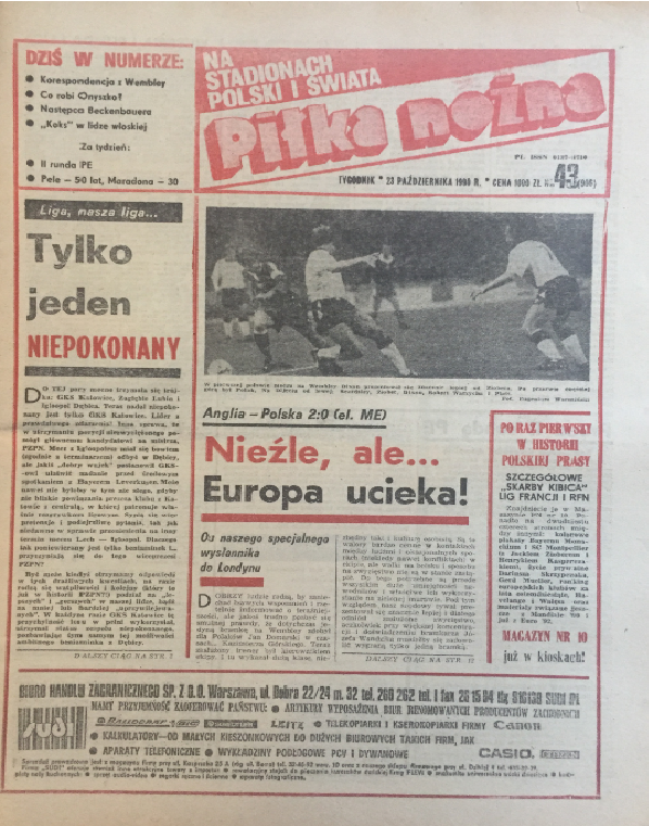 Okładka piłki nożnej po meczu anglia - polska (17.10.1990) 