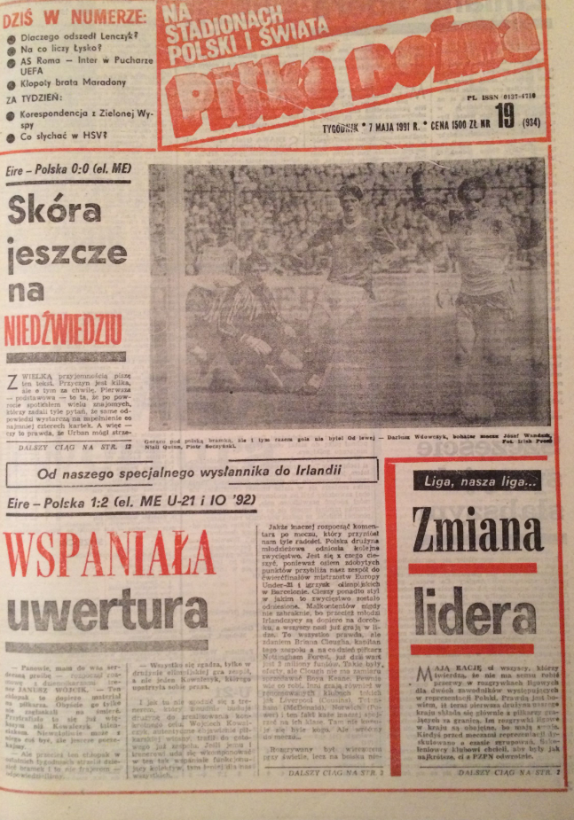 Okładka piłki nożnej po meczu irlandia - polska (01.05.1991)