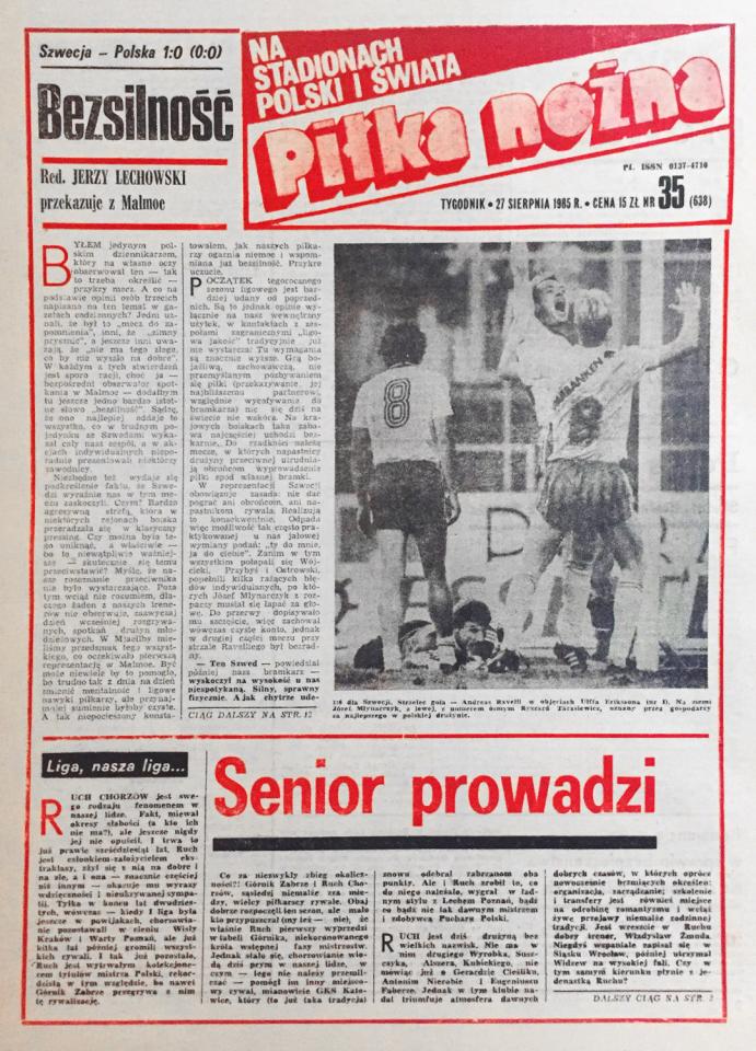 Okładka piłki nożnej po meczu szwecja - polska (21.08.1985) 
