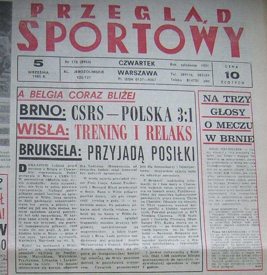 Okładka Przeglądu Sportowego Czechosłowacja - Polska 3:1 (04.09.1985)