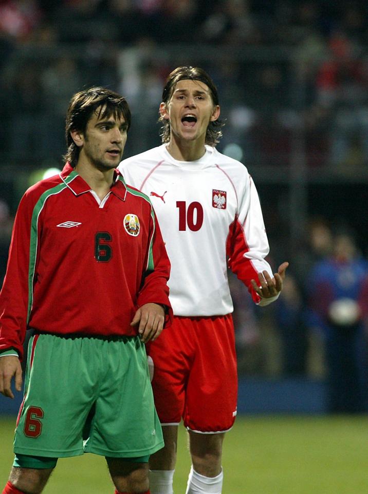 Nadzijenski Witalij i Euzebiusz Smolarek. Mecz Polska - Białoruś drużyn do lat 21 z 2003 roku.