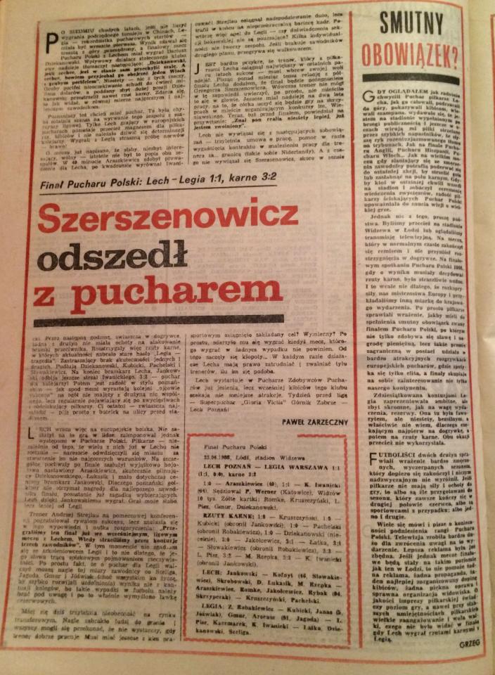 Piłka nożna po meczu PP Lech Poznań - Legia Warszawa 1:1, k. 3:2 (23.06.1988).