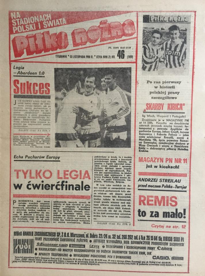 Okładka Piłki Nożnej po meczu Legia Warszawa - Aberdeen 1:0 (07.11.1990).