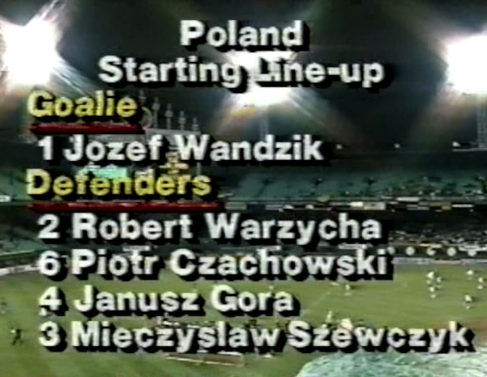 plansza ze składem meczu polska - kolumbia 1:2 (04.05.1990)