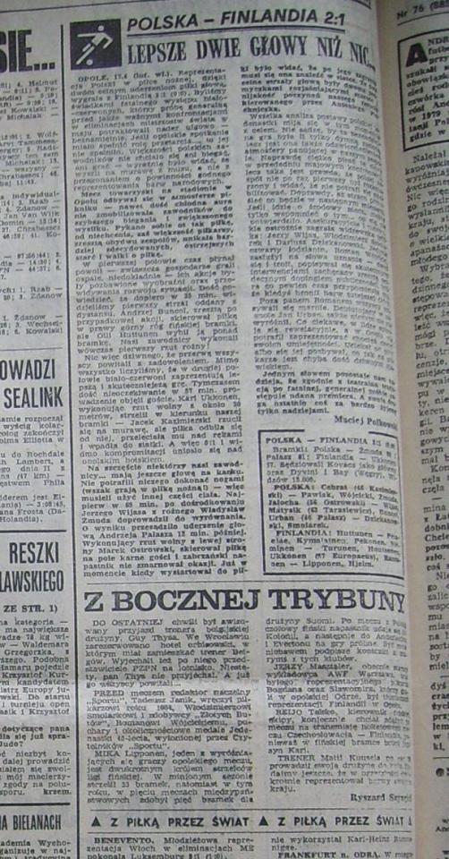przegląd sportowy o meczu polska - finlandia (17.04.1985)