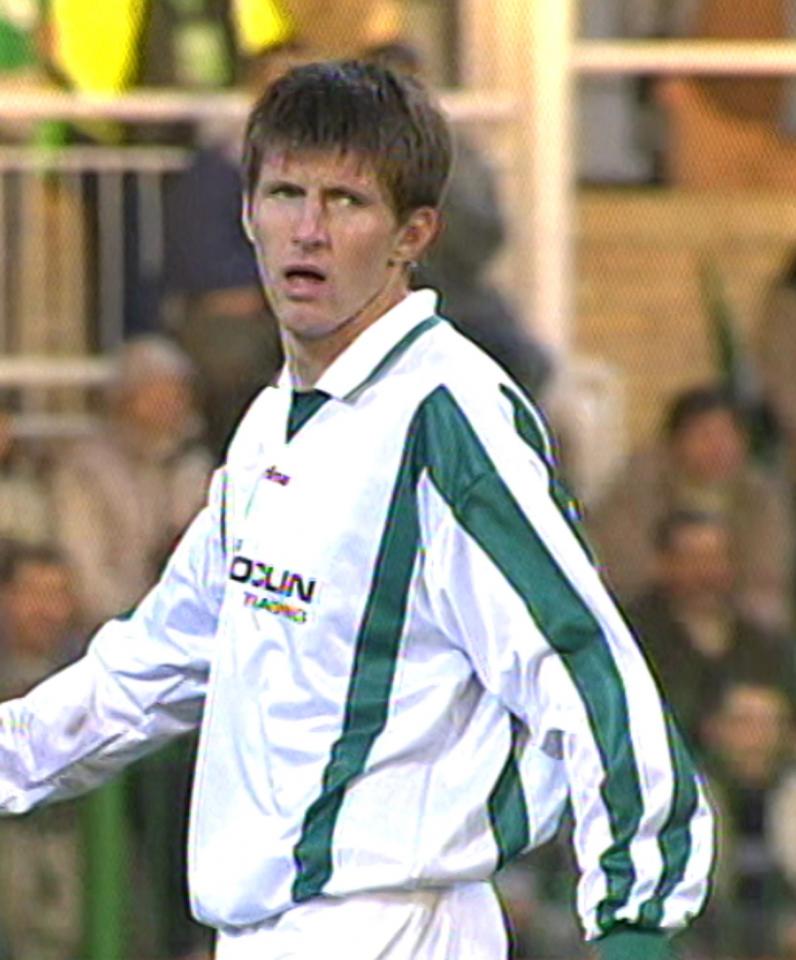 Grzegorz Rasiak podczas meczu Groclin Dyskobolia Grodzisk Wielkopolski - Hertha Berlin 1:0 (15.10.2003).