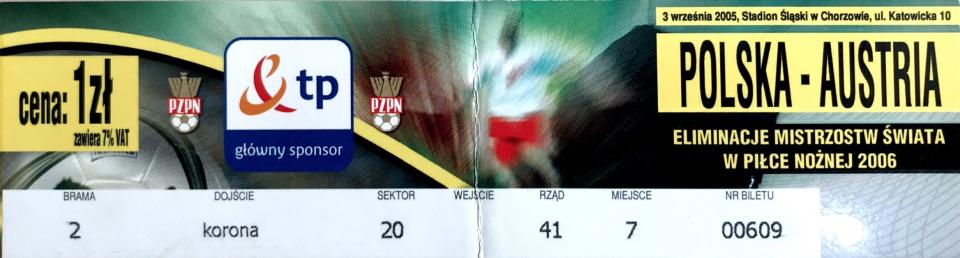 Bilet z meczu Polska – Austria 3:2 (03.09.2005).