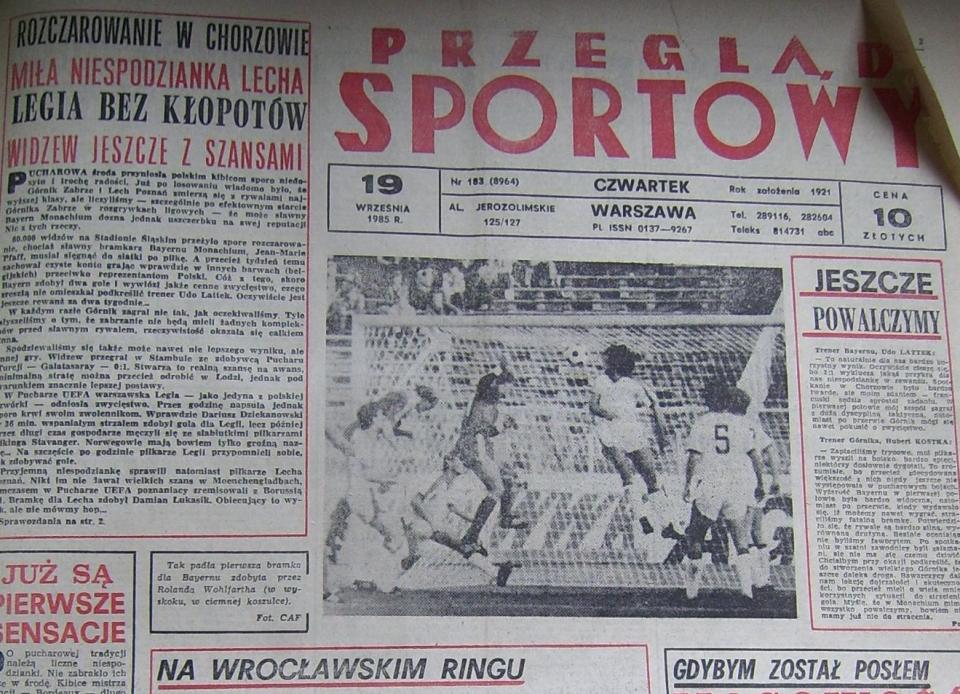 Przegląd Sportowy po Górnik Zabrze – Bayern Monachium 1:2 (18.09.1985) 1
