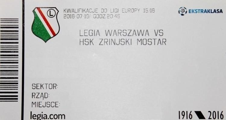 Bilet z meczu Legia Warszawa – Zrinjski Mostar 2:0 (19.07.2016).