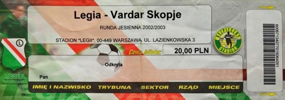 Bilet z meczu Legia Warszawa – Vardar Skopje 1:1 (07.08.2002)