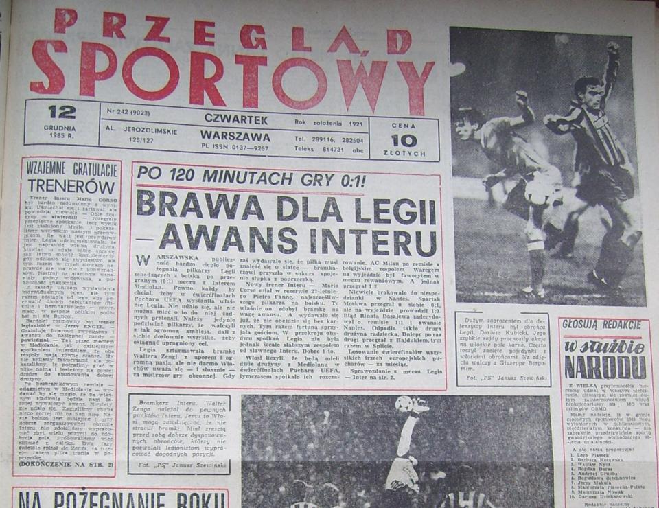Okładka Przegląd Sportowy po meczu Legia Warszawa – Inter Mediolan 0:1 (11.12.1985)