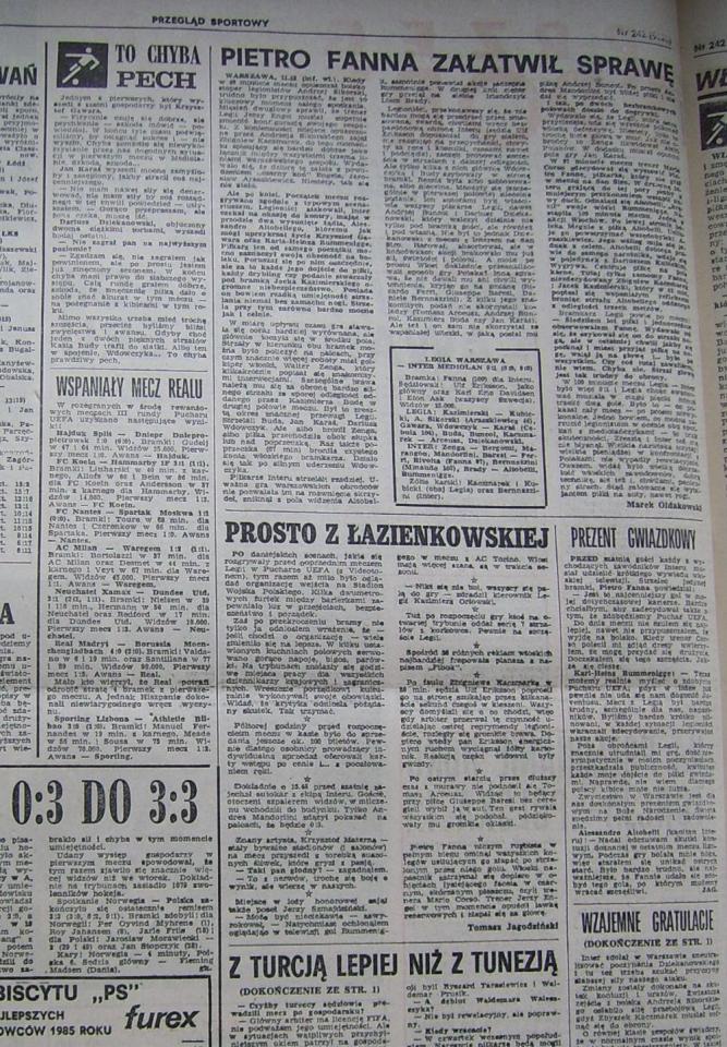 Przegląd Sportowy po meczu Legia Warszawa – Inter Mediolan 0:1 (11.12.1985)