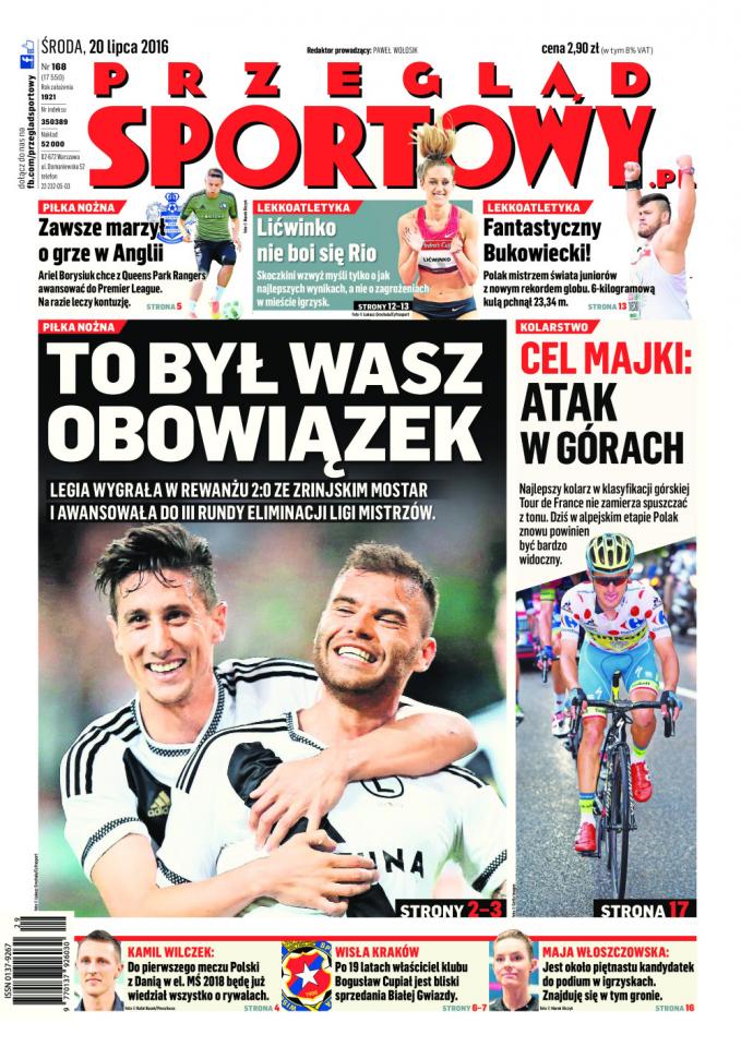 Okładka Przegląd Sportowy po meczu Legia Warszawa – Zrinjski Mostar 2:0 (19.07.2016)