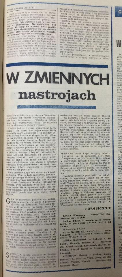 Piłka Nożna po meczu Legia Warszawa – Videoton Székesfehérvár 1:1 (06.11.1985)