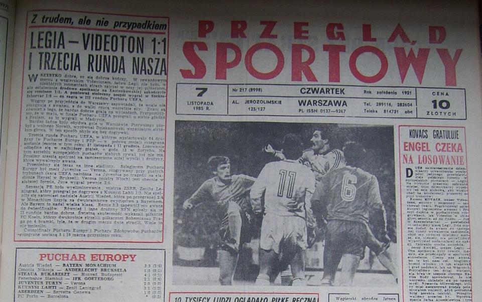 Okładka Przegląd Sportowy po meczu Legia Warszawa – Videoton Székesfehérvár 1:1 (06.11.1985).