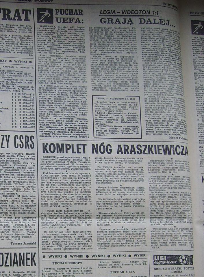 Przegląd Sportowy po meczu Legia Warszawa – Videoton Székesfehérvár 1:1 (06.11.1985).
