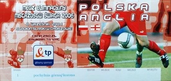 Bilet z meczu Polska - Anglia 1:2 (08.09.2004).