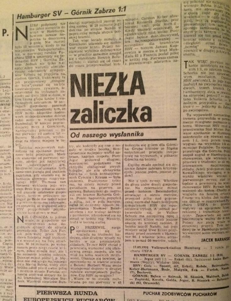 Piłka Nożna po Hamburger SV - Górnik Zabrze 1:1 (17.09.1991)