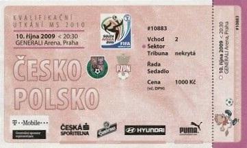 Bilet z meczu Czechy - Polska 2:0 (10.10.2009)