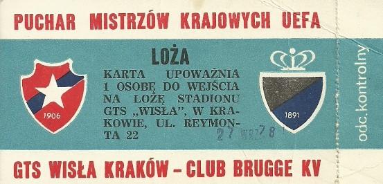 Bilet z meczu Wisła Kraków - Club Brugge 3:1 (27.09.1978)