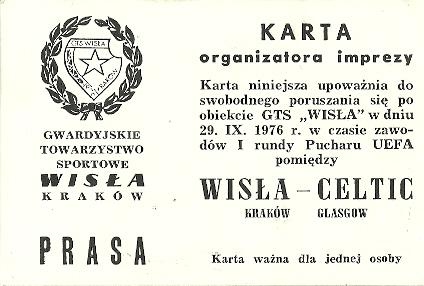 Legitymacja prasowa Wisła Kraków - Celtic Glasgow 2:0 (29.09.1976)