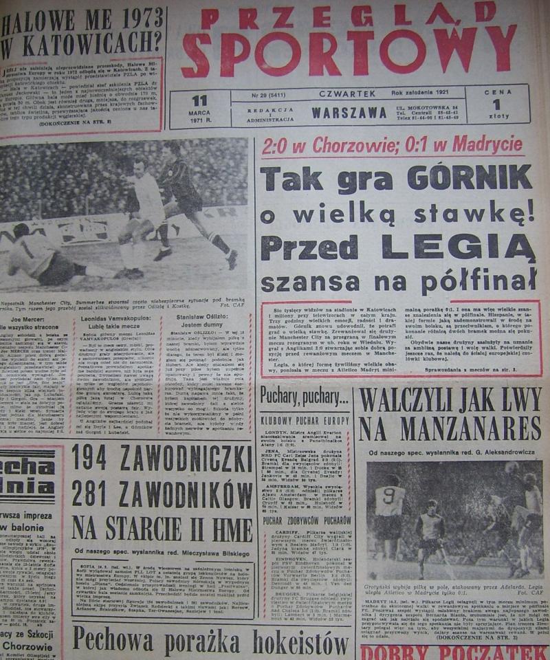 Przegląd Sportowy po Atlético Madryt - Legia Warszawa 1:0 (10.03.1971) 1