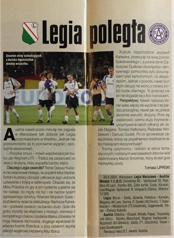 Piłka Nożna po meczu Legia Warszawa - Austria Wiedeń 1:3 (30.09.2004).