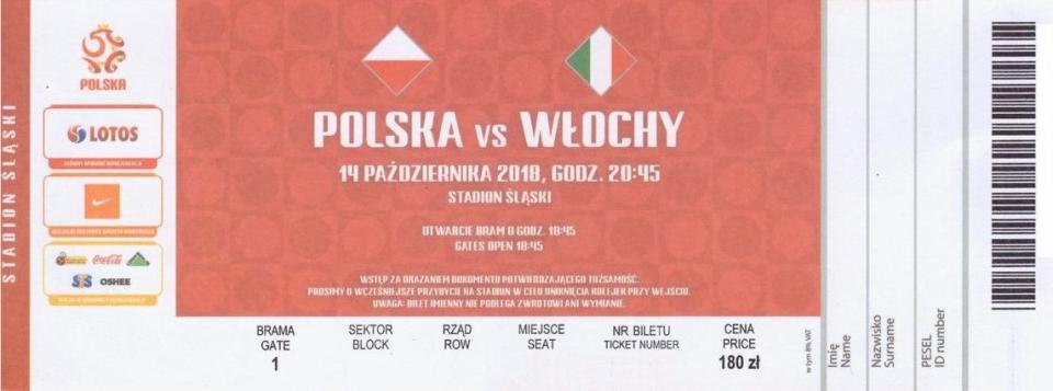 Bilet z meczu Polska - Włochy 0:1 (14.10.2018).