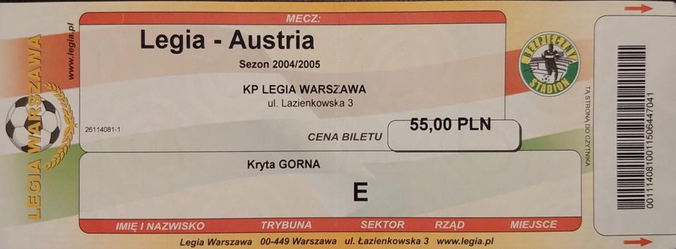 Bilet z meczu Legia Warszawa - Austria Wiedeń 1:3 (30.09.2004).