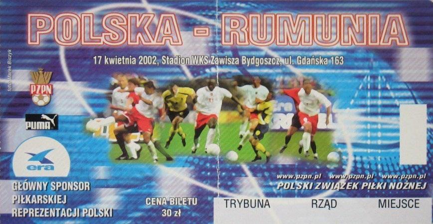 Bilet z meczu Polska – Rumunia 1:2 (17.04.2002).