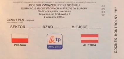 Bilet z meczu Polska - Austria 2:2 U21 (02.09.2005).