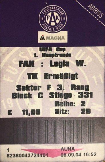 Bilet z meczu Austria Wiedeń - Legia Warszawa 1:0 (16.09.2004)
