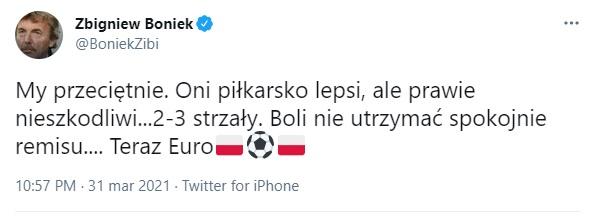 Twitt Zbigniewa Bońka po meczu Anglia - Polska 2:1 (31.03.2021).